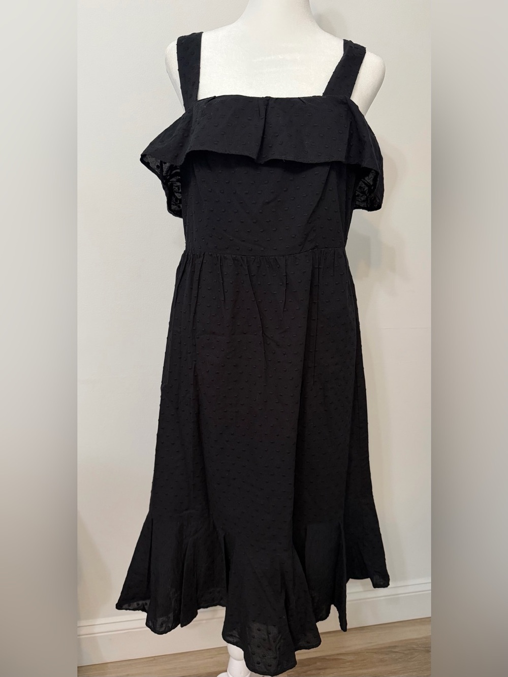 J.Crew black swiss dot ruffle off-the-shoulder midi dress - size 10